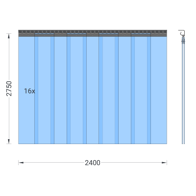 PVC-Streifenvorhang, Lamellen 200 x 2 mm transparent, Höhe 2,75 m, Breite 2,40 m (1,70 m), Edelstahl