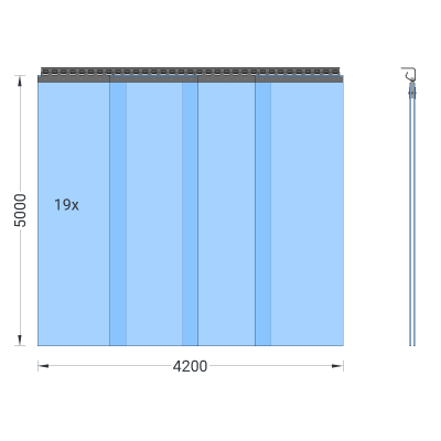 PVC-Streifenvorhang, Lamellen 400 x 4 mm transparent, Höhe 5,00 m, Breite 5,50 m (4,75 m), Edelstahl