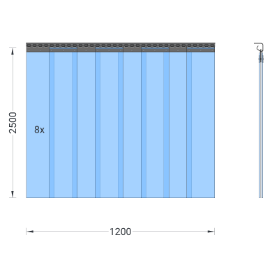 PVC-Streifenvorhang, Lamellen 200 x 2 mm transparent, Höhe 2,50 m, Breite 1,20 m (0,90 m), Edelstahl