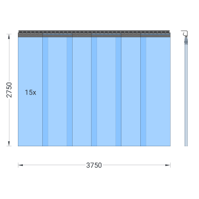 PVC-Streifenvorhang, Lamellen 300 x 3 mm transparent, Höhe 2,75 m, Breite 3,75 m (3,10 m), Edelstahl