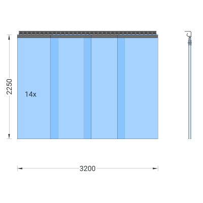 PVC-Streifenvorhang, Lamellen 400 x 4 mm transparent, Höhe 2,25 m, Breite 4,00 m (3,50 m), verzinkt