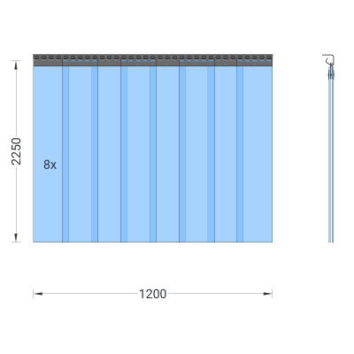 PVC-Streifenvorhang, Lamellen 200 x 2 mm transparent, Höhe 2,25 m, Breite 1,20 m (0,90 m), Edelstahl