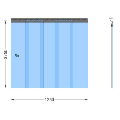 PVC-Streifenvorhang, Lamellen 300 x 3 mm transparent, Höhe 3,75 m, Breite 1,25 m (1,10 m), Edelstahl