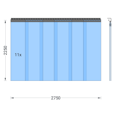 PVC-Streifenvorhang, Lamellen 300 x 3 mm transparent, Höhe 2,25 m, Breite 2,75 m (2,30 m), verzinkt