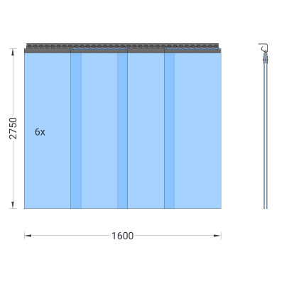 PVC-Streifenvorhang, Lamellen 400 x 4 mm transparent, Höhe 2,75 m, Breite 1,60 m (1,50 m), Edelstahl