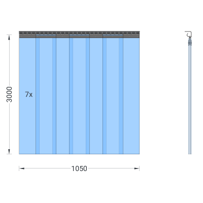 PVC-Streifenvorhang, Lamellen 200 x 2 mm transparent, Höhe 3,00 m, Breite 1,05 m (0,80 m), Edelstahl