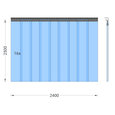 PVC-Streifenvorhang, Lamellen 200 x 2 mm transparent, Höhe 2,50 m, Breite 2,40 m (1,70 m), Edelstahl