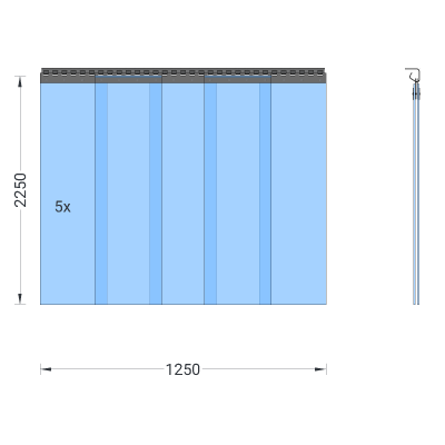 PVC-Streifenvorhang, Lamellen 300 x 3 mm transparent, Höhe 2,25 m, Breite 1,25 m (1,10 m), Edelstahl