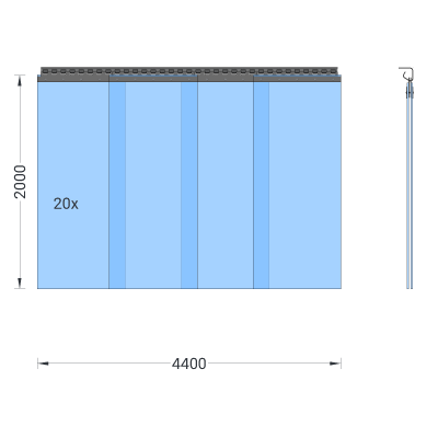 PVC-Streifenvorhang, Lamellen 400 x 4 mm transparent, Höhe 2,00 m, Breite 5,80 m (5,00 m), verzinkt