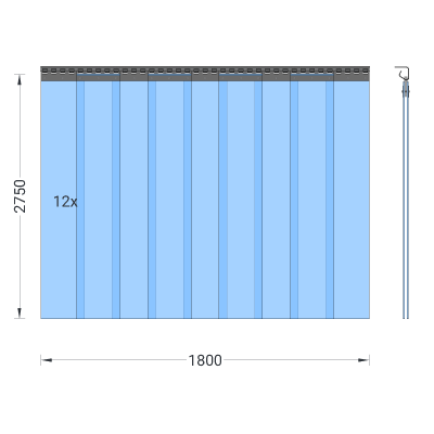 PVC-Streifenvorhang, Lamellen 200 x 2 mm transparent, Höhe 2,75 m, Breite 1,80 m (1,30 m), Edelstahl