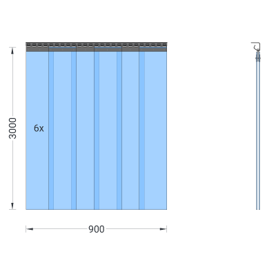 PVC-Streifenvorhang, Lamellen 200 x 2 mm transparent, Höhe 3,00 m, Breite 0,90 m (0,70 m), Edelstahl