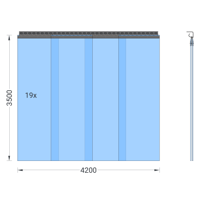 PVC-Streifenvorhang, Lamellen 400 x 4 mm transparent, Höhe 3,50 m, Breite 5,50 m (4,75 m), verzinkt