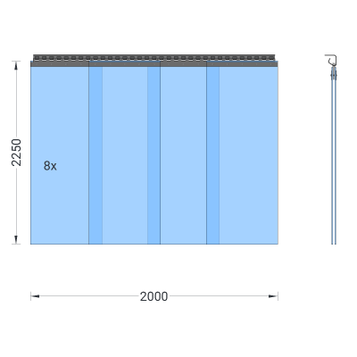 PVC-Streifenvorhang, Lamellen 400 x 4 mm transparent, Höhe 2,25 m, Breite 2,20 m (2,00 m), verzinkt