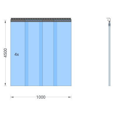 PVC-Streifenvorhang, Lamellen 300 x 3 mm transparent, Höhe 4,50 m, Breite 1,00 m (0,90 m), verzinkt