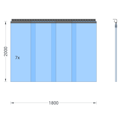 PVC-Streifenvorhang, Lamellen 400 x 4 mm transparent, Höhe 2,00 m, Breite 1,90 m (1,75 m), verzinkt