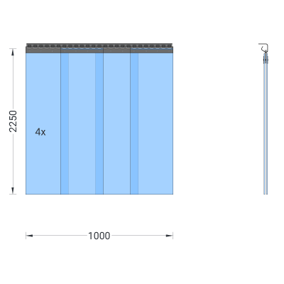 PVC-Streifenvorhang, Lamellen 300 x 3 mm transparent, Höhe 2,25 m, Breite 1,00 m (0,90 m), verzinkt