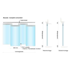 PVC-Streifenvorhang Tiefkühlbereich kältefest Temperatur Resistenz +30/-25°C, Lamellen 300 x 3 mm transparent, Höhe 2,00 m, Breite 3,00 m (2,50 m), Edelstahl