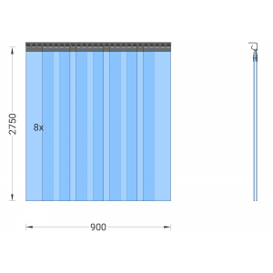 PVC-Streifenvorhang, Lamellen 200 x 2 mm transparent, Höhe 2,75 m, Breite 1,20 m (0,90 m), Edelstahl