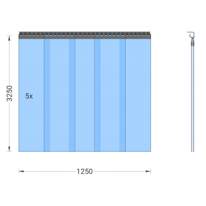 PVC-Streifenvorhang, Lamellen 300 x 3 mm transparent, Höhe 3,25 m, Breite 1,25 m (1,10 m), Edelstahl