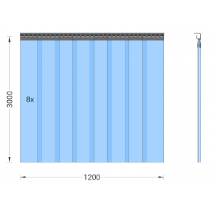 PVC-Streifenvorhang, Lamellen 200 x 2 mm transparent, Höhe 3,00 m, Breite 1,20 m (0,90 m), Edelstahl