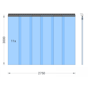 PVC-Streifenvorhang, Lamellen 300 x 3 mm transparent, Höhe 3,00 m, Breite 2,75 m (2,30 m), verzinkt