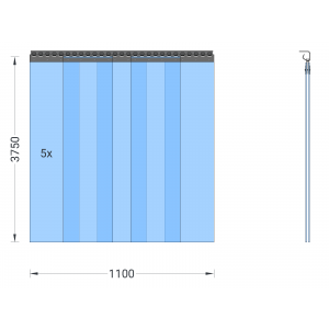 PVC-Streifenvorhang, Lamellen 300 x 3 mm transparent, Höhe 3,75 m, Breite 1,25 m (1,10 m), Edelstahl