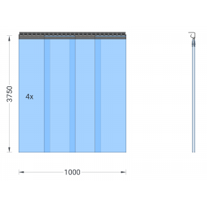 PVC-Streifenvorhang, Lamellen 300 x 3 mm transparent, Höhe 3,75 m, Breite 1,00 m (0,90 m), verzinkt
