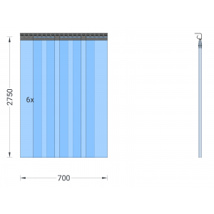 PVC-Streifenvorhang, Lamellen 200 x 2 mm transparent, Höhe 2,75 m, Breite 0,90 m (0,70 m), Edelstahl