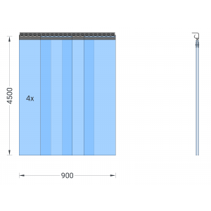 PVC-Streifenvorhang, Lamellen 300 x 3 mm transparent, Höhe 4,50 m, Breite 1,00 m (0,90 m), verzinkt